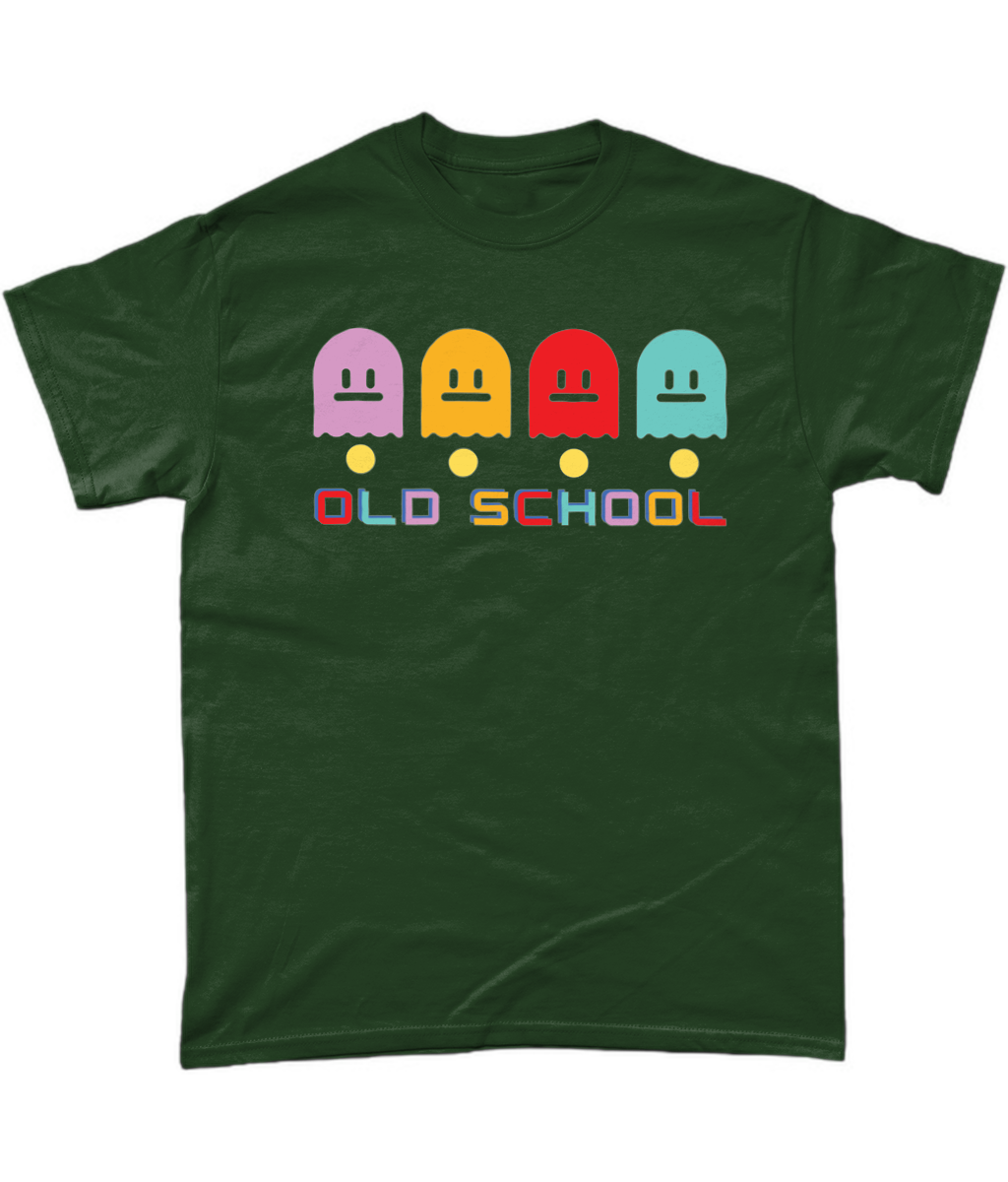 Forest  T-Shirt with multicoloured ghost characters , over yellow pac man dots and old school in different colours for each letter  