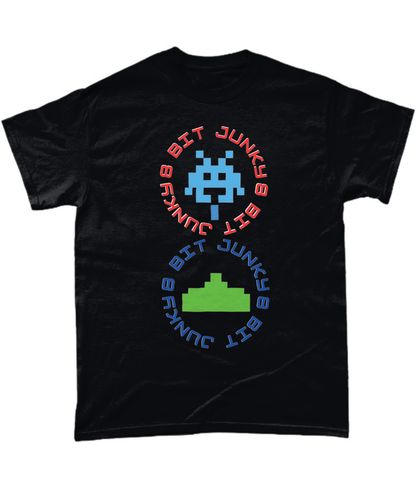 Black T-Shirt with words 8-bit junky in 2 circles making a figure 8 with an invader in one circle and earth ship in the other