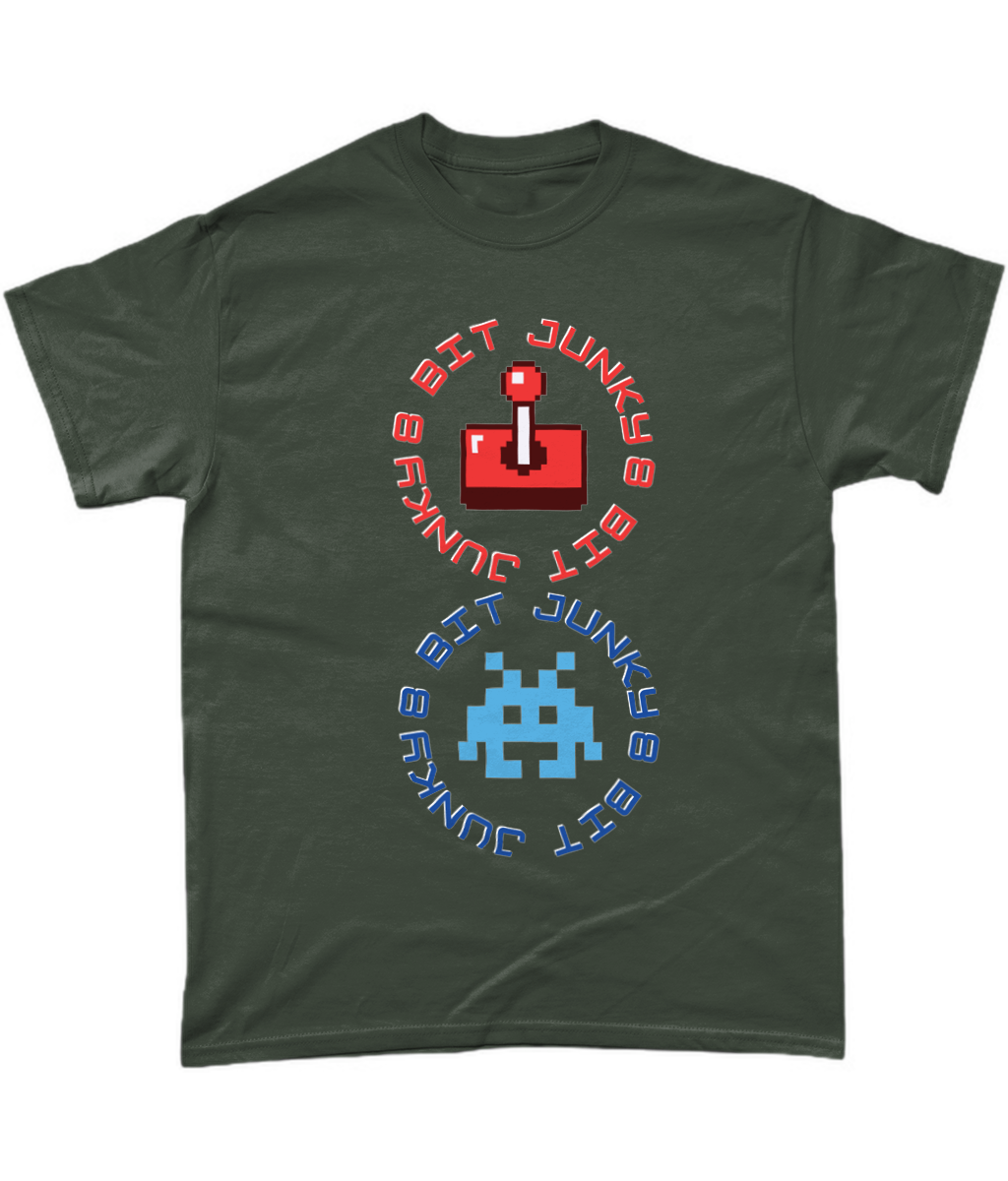 Green T-Shirt with words 8-bit junky in 2 circles making a figure 8 with an invader in one circle and joystick in the other