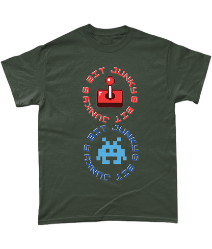 Green T-Shirt with words 8-bit junky in 2 circles making a figure 8 with an invader in one circle and joystick in the other