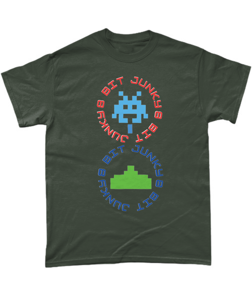 Green T-Shirt with words 8-bit junky in 2 circles making a figure 8 with an invader in one circle and earth ship in the other