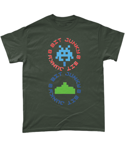 Green T-Shirt with words 8-bit junky in 2 circles making a figure 8 with an invader in one circle and earth ship in the other