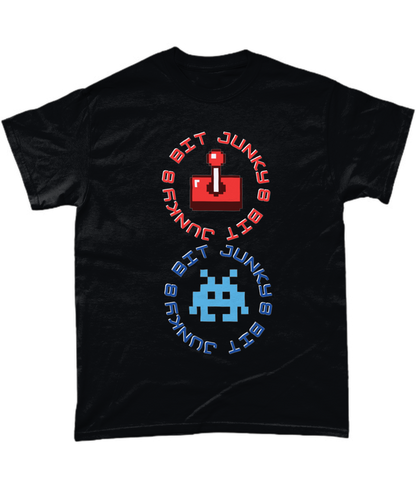 Black T-Shirt with words 8-bit junky in 2 circles making a figure 8 with an invader in one circle and joystick in the other