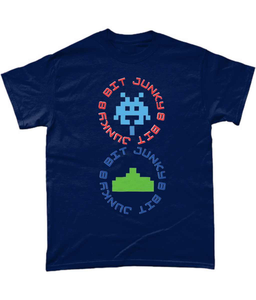 Navy T-Shirt with words 8-bit junky in 2 circles making a figure 8 with an invader in one circle and earth ship in the other