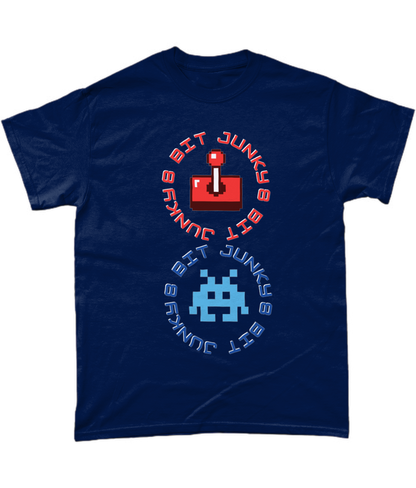 Navy T-Shirt with words 8-bit junky in 2 circles making a figure 8 with an invader in one circle and  joystick in the other