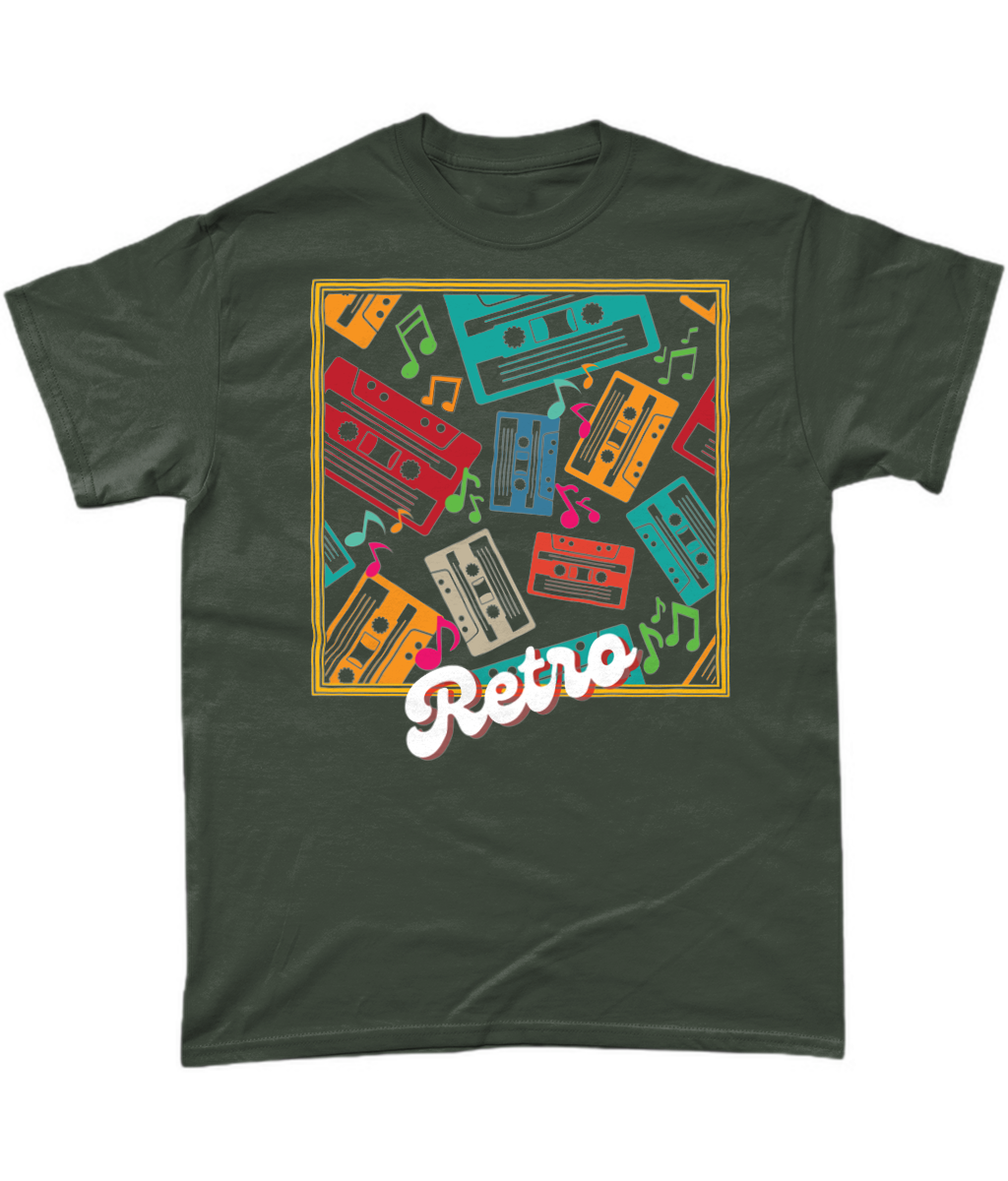 Military Green T-Shirt goldish square frame with colourful music notes and cassette tapes spread out at different angles in different colours ,words retro in a retro style at bottom 