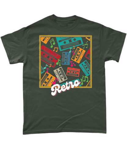 Military Green T-Shirt goldish square frame with colourful music notes and cassette tapes spread out at different angles in different colours ,words retro in a retro style at bottom 