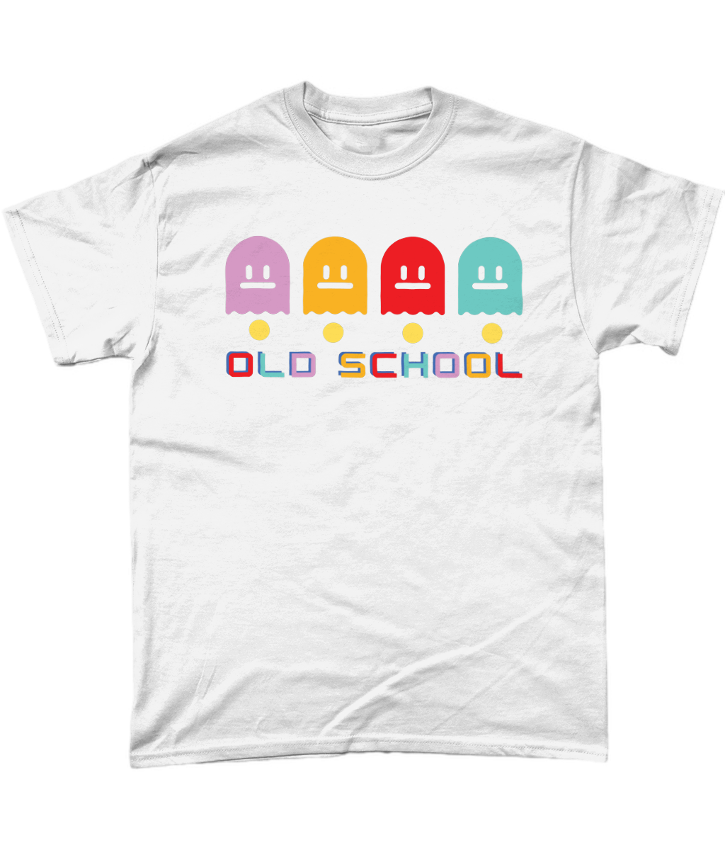 White  T-Shirt with multicoloured ghost characters , over yellow pac man dots and old school  in different colours for each letter  