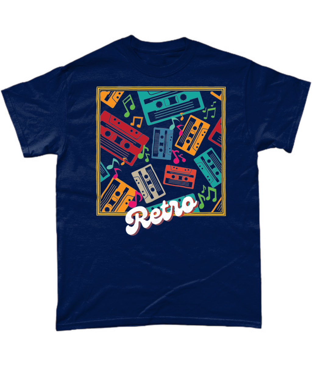 Navy T-Shirt Goldish square frame with words retro in a retro style at bottom colourful music notes and cassette tapes spread out at different angles in different colours ,words retro in a retro style at bottom 