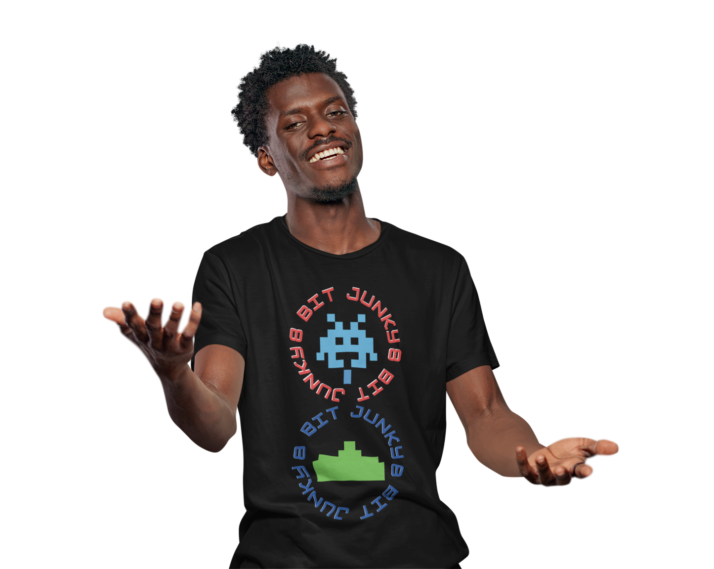 A man wearing a black T-Shirt with words 8-bit junky in 2 circles making a figure 8 with an invader in one circle and earth ship in the other