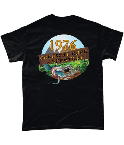 Black T-Shirt with words,1976,colossal cave adventure,circular picture of a dragon,cave and woodland,blue skyBlack T-Shirt with words,1976,colossal cave adventure,circular picture of a dragon,cave and woodland,blue sky,daytime