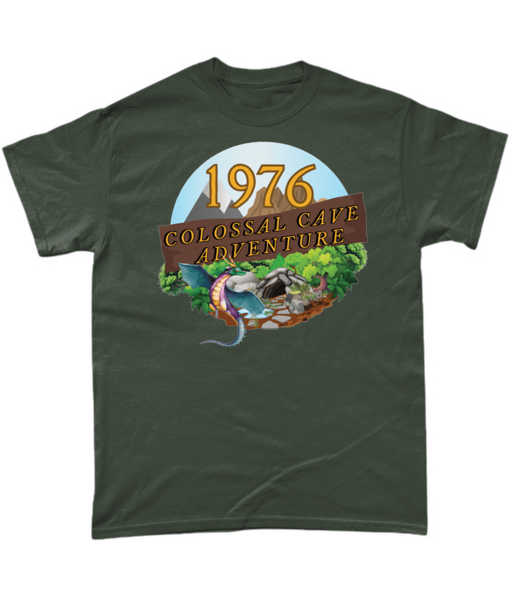 Green  T-Shirt with words,1976,colossal cave adventure,circular picture of a dragon,cave and woodland,blue skyBlack T-Shirt with words,1976,colossal cave adventure,circular picture of a dragon,cave and woodland,blue sky,daytime