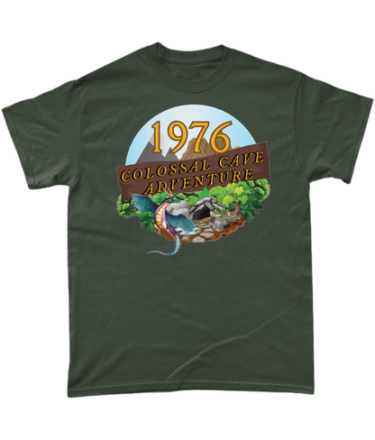 Green  T-Shirt with words,1976,colossal cave adventure,circular picture of a dragon,cave and woodland,blue skyBlack T-Shirt with words,1976,colossal cave adventure,circular picture of a dragon,cave and woodland,blue sky,daytime