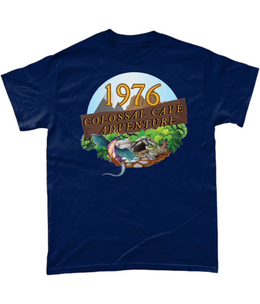 Navy T-Shirt with words,1976,colossal cave adventure,circular picture of a dragon,cave and woodland,blue skyBlack T-Shirt with words,1976,colossal cave adventure,circular picture of a dragon,cave and woodland,blue sky,daytime