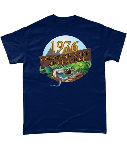 Navy T-Shirt with words,1976,colossal cave adventure,circular picture of a dragon,cave and woodland,blue skyBlack T-Shirt with words,1976,colossal cave adventure,circular picture of a dragon,cave and woodland,blue sky,daytime