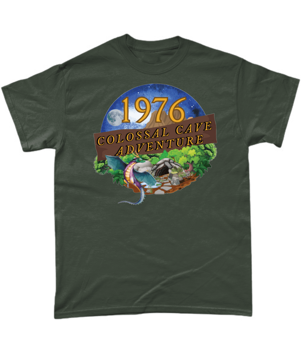 Green-Shirt with words 1976,colossal cave adventure,circular picture of a dragon,cave and woodland,night sky