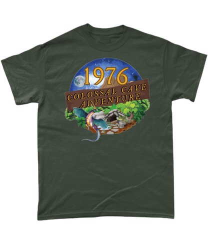 Green-Shirt with words 1976,colossal cave adventure,circular picture of a dragon,cave and woodland,night sky