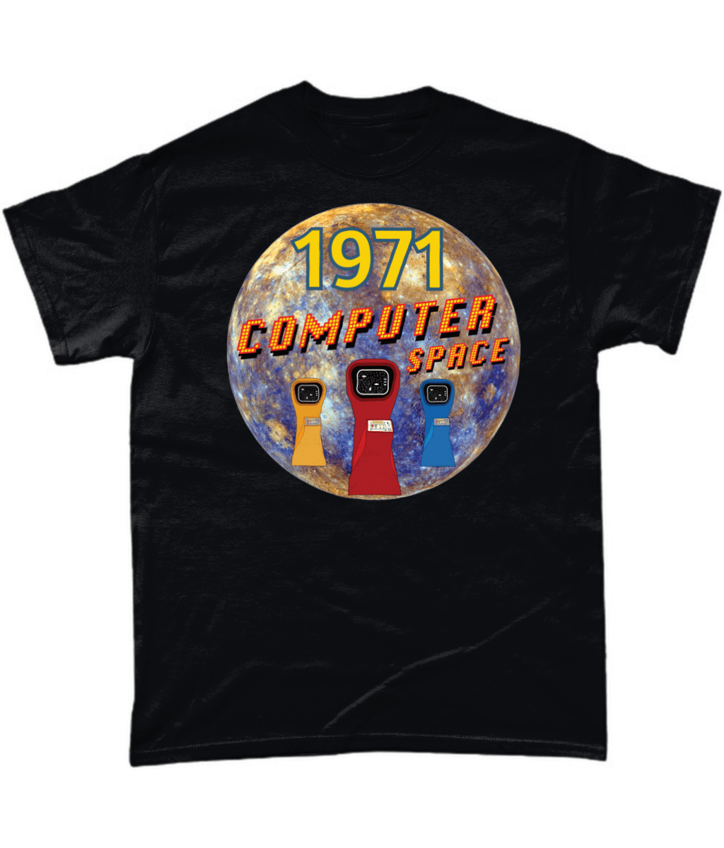 Black T-Shirt with the words 1971,computer space,one of a kind,large earth, 3 computer space arcade game machines