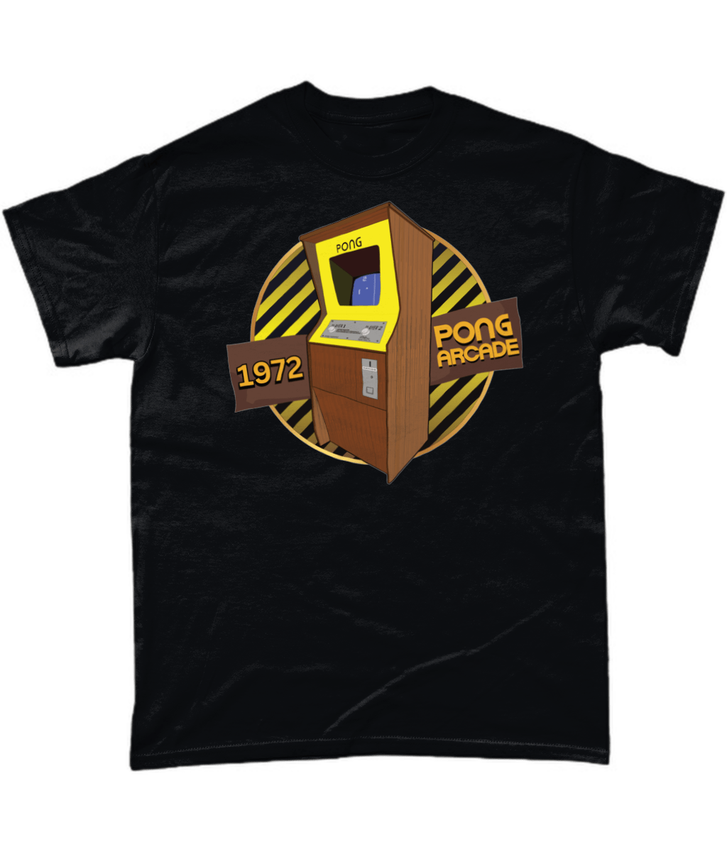 Black T-Shirt with words 1972,pong arcade, image of a pong arcade machine in front of a yellow striped circle