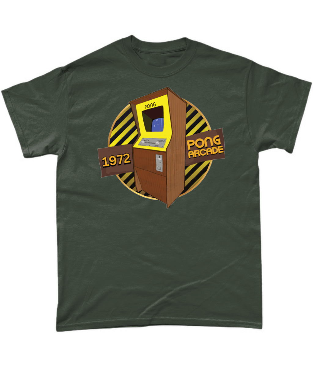 Green  T-Shirt with words 1972,pong arcade, image of a pong arcade machine in front of a yellow striped circle