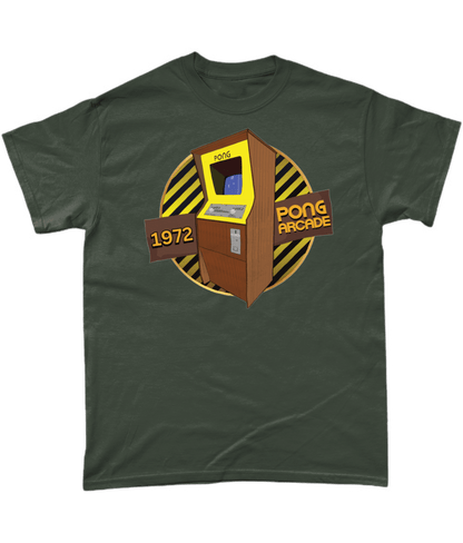 Green  T-Shirt with words 1972,pong arcade, image of a pong arcade machine in front of a yellow striped circle