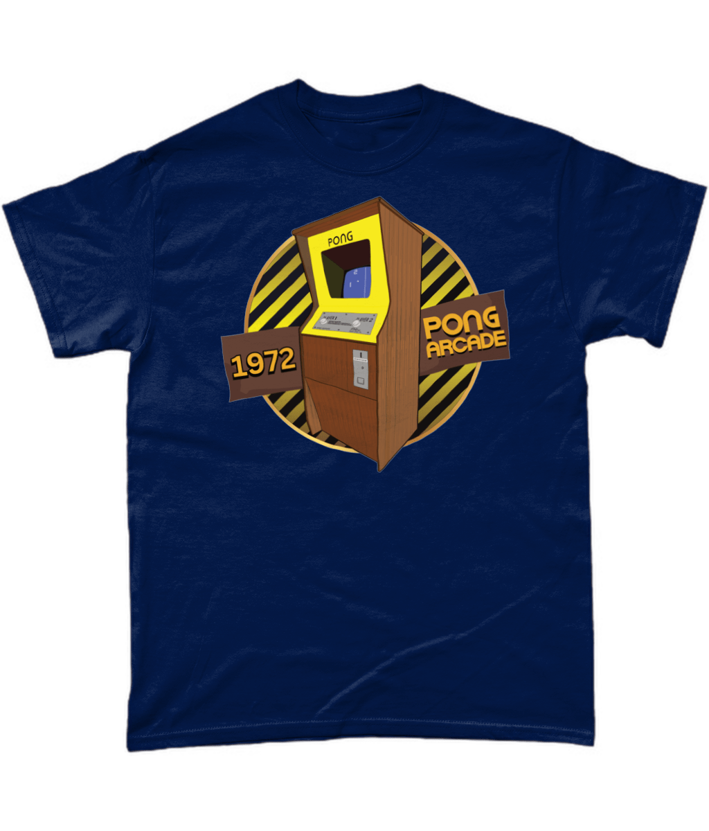 Navy T-Shirt with words 1972,pong arcade, image of a pong arcade machine in front of a yellow striped circle