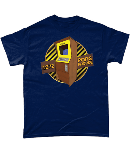 Navy T-Shirt with words 1972,pong arcade, image of a pong arcade machine in front of a yellow striped circle