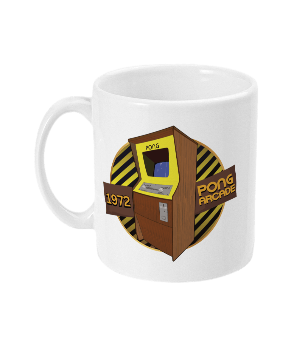 White mug with words,1972,pong arcade,image of a pong arcade machine in front of a yellow striped circle