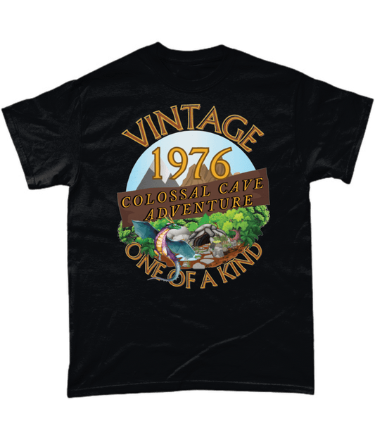 Black T-Shirt with words vintage,1976,colossal cave adventure,one of a kind,circular picture of a dragon,cave and woodland,blue skyBlack T-Shirt with words,1976,colossal cave adventure,circular picture of a dragon,cave and woodland,blue sky,daytime