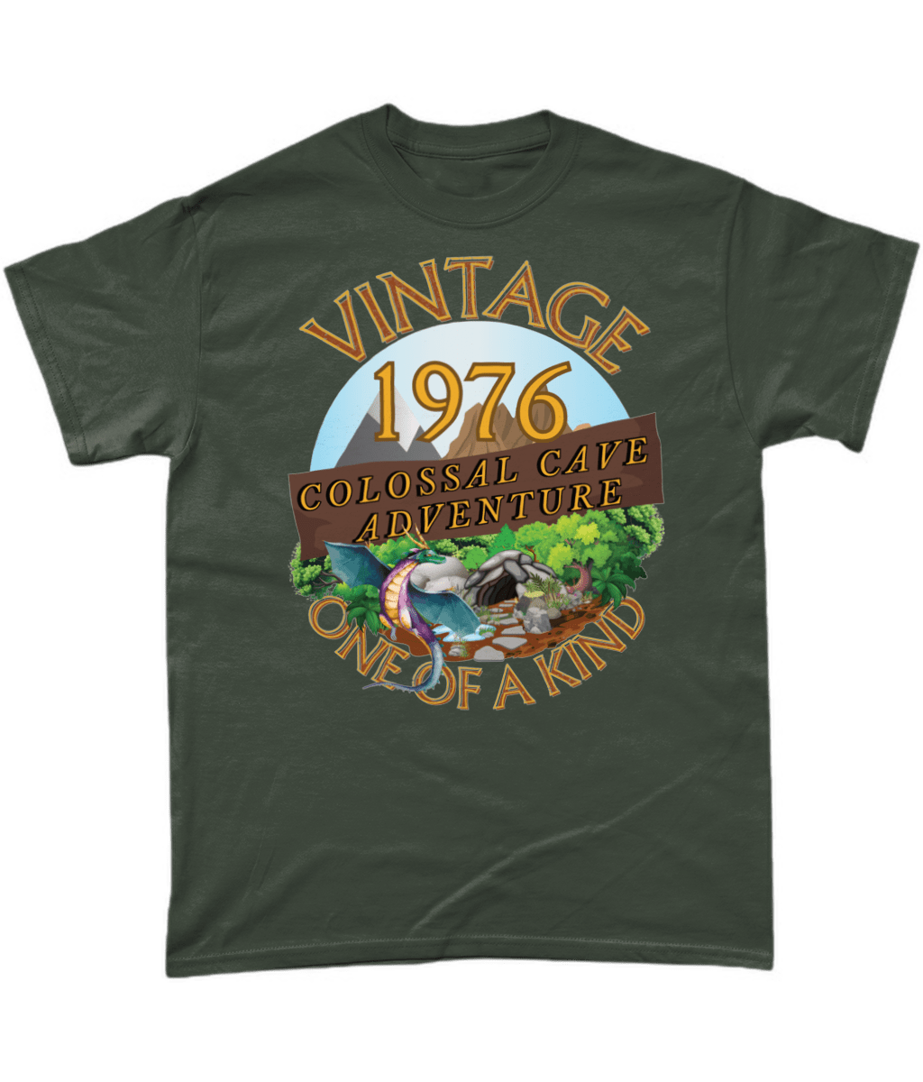 Green T-Shirt with words vintage,1976,colossal cave adventure,one of a kind,circular picture of a dragon,cave and woodland,blue skyBlack T-Shirt with words,1976,colossal cave adventure,circular picture of a dragon,cave and woodland,blue sky,daytime