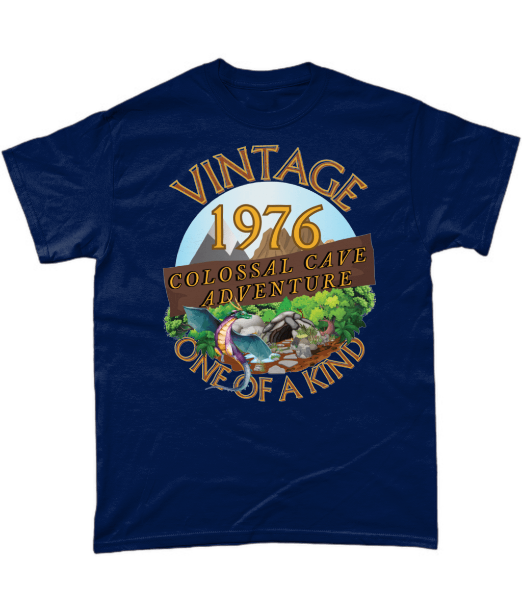 Navy T-Shirt with words vintage,1976,colossal cave adventure,one of a kind,circular picture of a dragon,cave and woodland,blue skyBlack T-Shirt with words,1976,colossal cave adventure,circular picture of a dragon,cave and woodland,blue sky,daytime