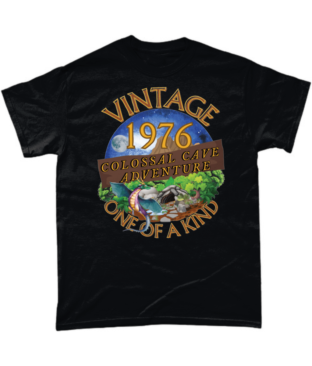 Black T-Shirt with words vintage,1976,colossal cave adventure,one of a kind,circular picture of a dragon,cave and woodland,night sky