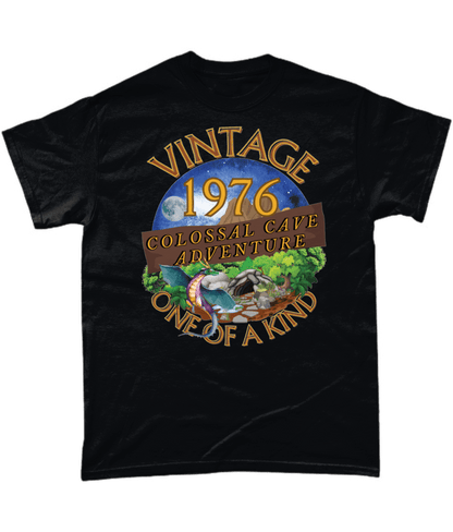 Black T-Shirt with words vintage,1976,colossal cave adventure,one of a kind,circular picture of a dragon,cave and woodland,night sky