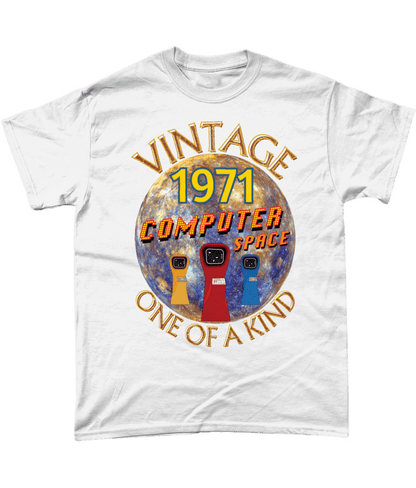 White T-Shirt with the words vintage,1971,computer space,one of a kind,large earth, 3 computer space arcade machines