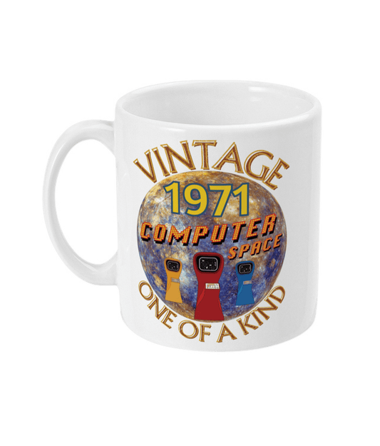 White mug with the words vintage,1971,computer space,one of a kind,large earth, 3 computer space arcade game machines
