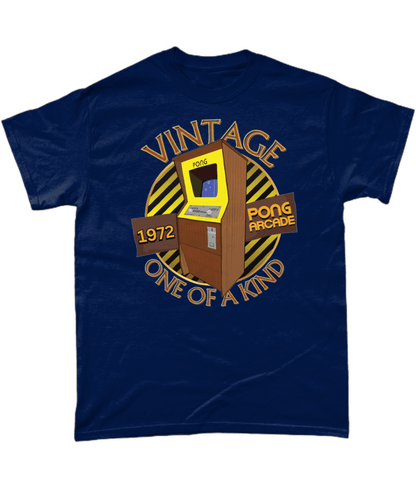 Navy T-Shirt with words vintage,1972,pong arcade,one of a kind, image of a pong arcade machine in front of a yellow striped circle