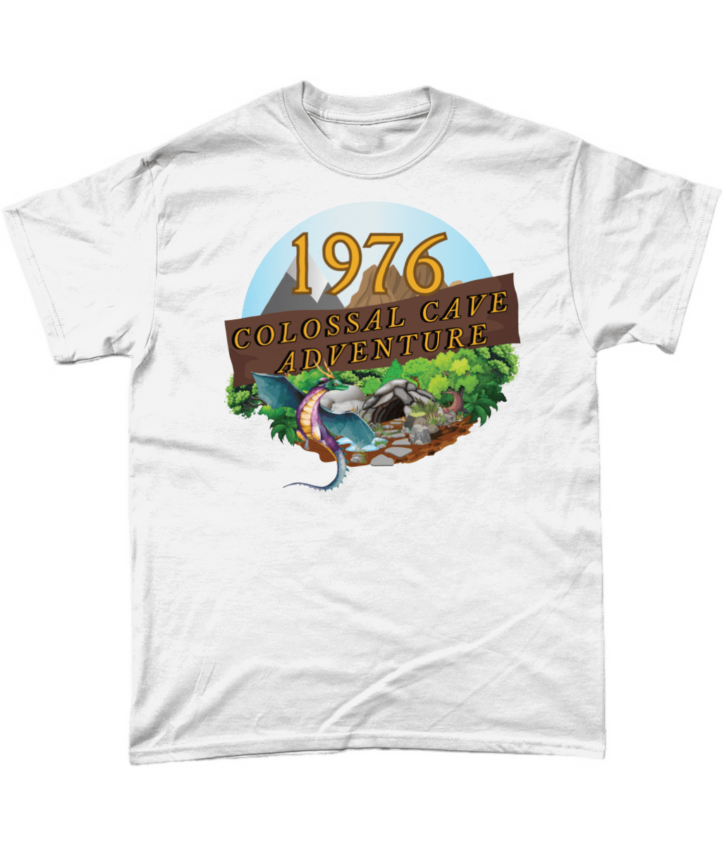 White T-Shirt with words,1976,colossal cave adventure,circular picture of a dragon,cave and woodland,blue skyBlack T-Shirt with words,1976,colossal cave adventure,circular picture of a dragon,cave and woodland,blue sky,daytime
