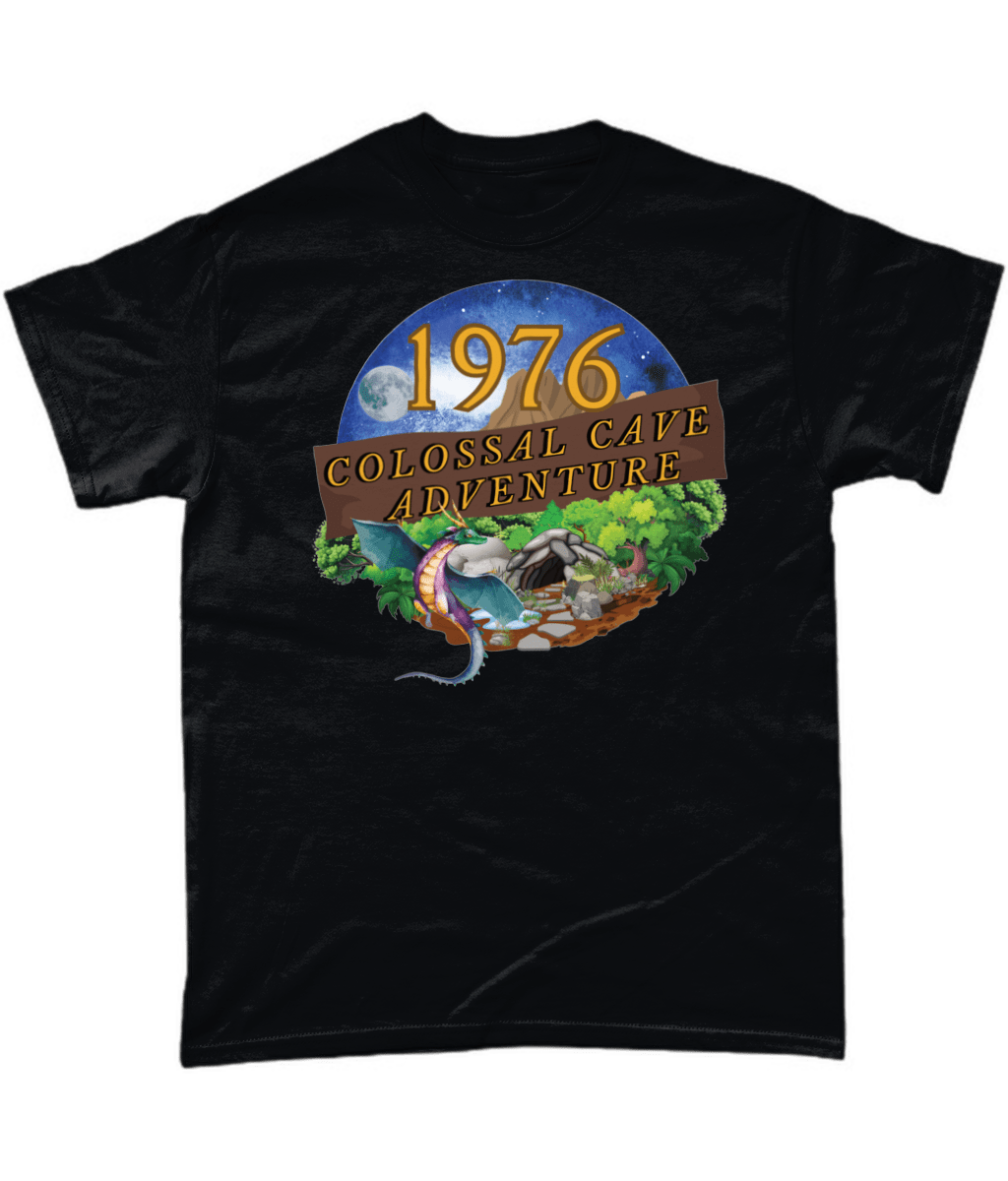 Black T-Shirt with words 1976,colossal cave adventure,circular picture of a dragon,cave and woodland,night sky