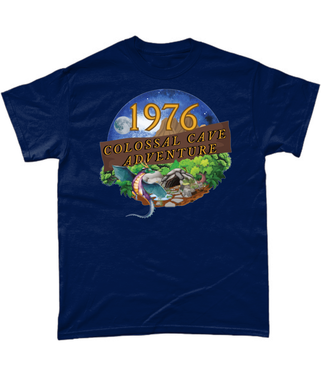 Navy T-Shirt with words 1976,colossal cave adventure,circular picture of a dragon,cave and woodland,night sky