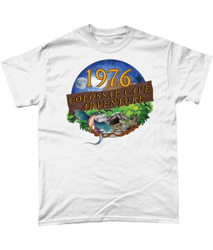 White T-Shirt with words 1976,colossal cave adventure,circular picture of a dragon,cave and woodland,night sky