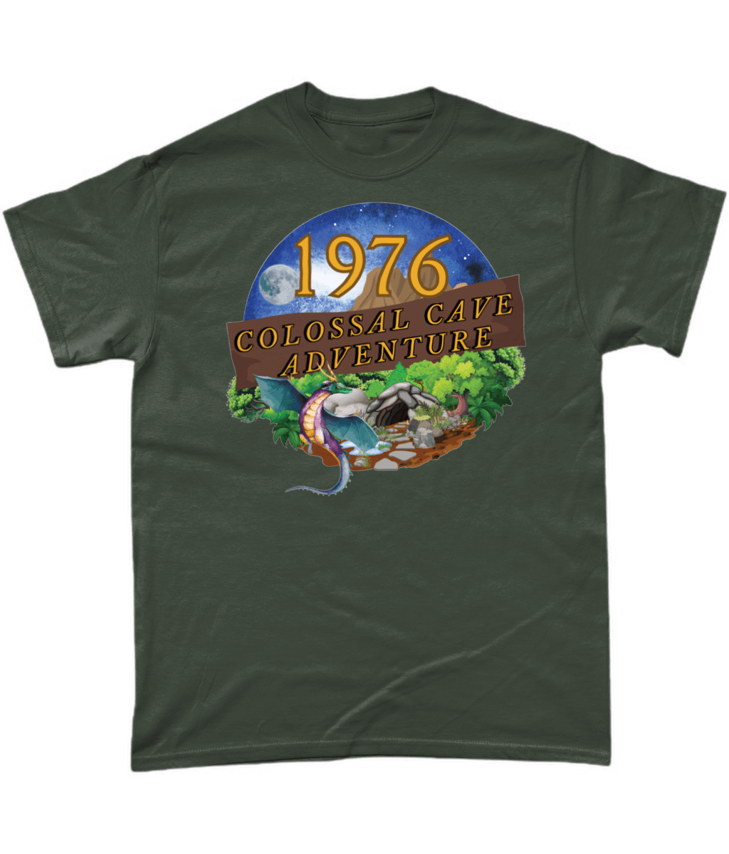 White  T-Shirt with words 1976,colossal cave adventure,circular picture of a dragon,cave and woodland,night sky