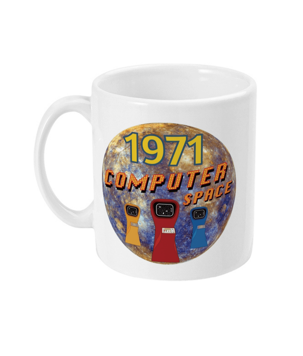 White mug with the words 1971,computer space,large earth, 3 computer space arcade game machines