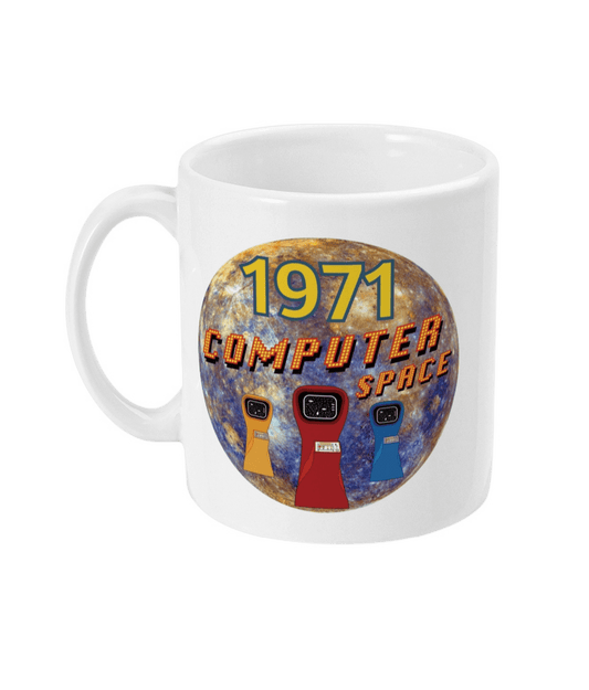 White mug with the words 1971,computer space,large earth, 3 computer space arcade game machines