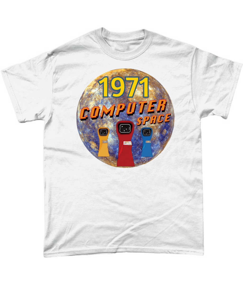 white T-Shirt with the words 1971,computer space,one of a kind,large earth, 3 computer space arcade game machines