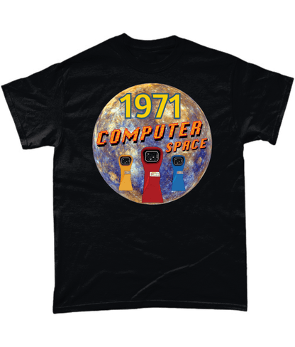 Black T-Shirt with the words 1971,computer space,one of a kind,large earth, 3 computer space arcade game machines