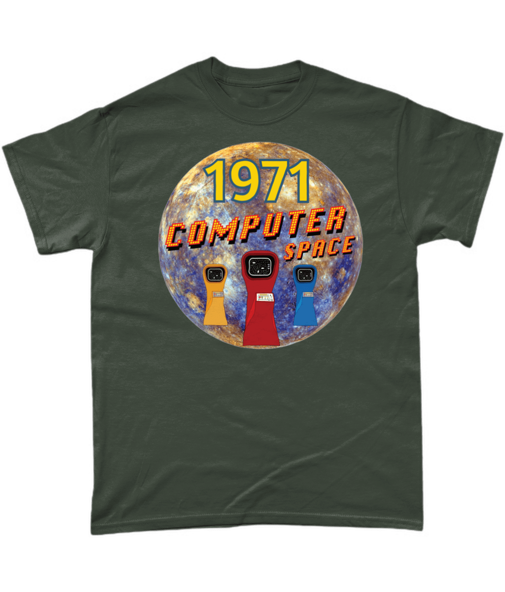 Green T-Shirt with the words 1971,computer space,one of a kind,large earth, 3 computer space arcade macines