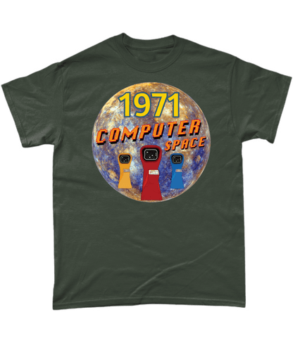 Green T-Shirt with the words 1971,computer space,one of a kind,large earth, 3 computer space arcade macines