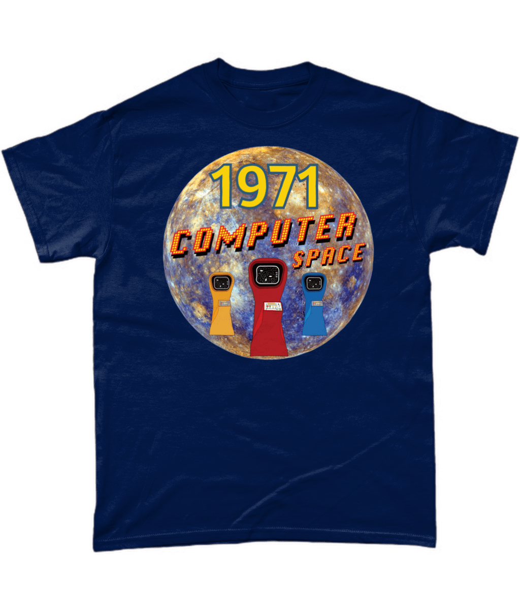 Navy T-Shirt with the words 1971,computer space,one of a kind,large earth, 3 computer space arcade game machines