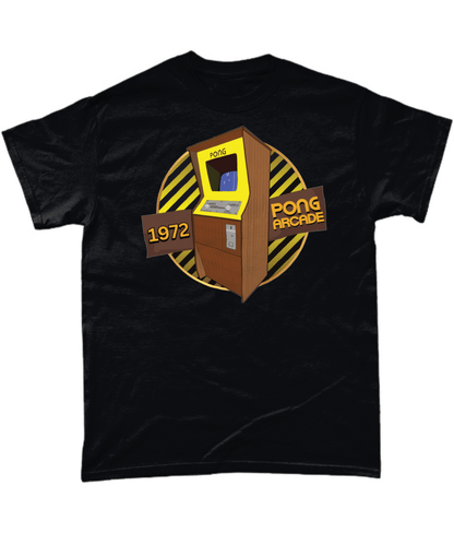 Black T-Shirt with words 1972,pong arcade, image of a pong arcade machine in front of a yellow striped circle