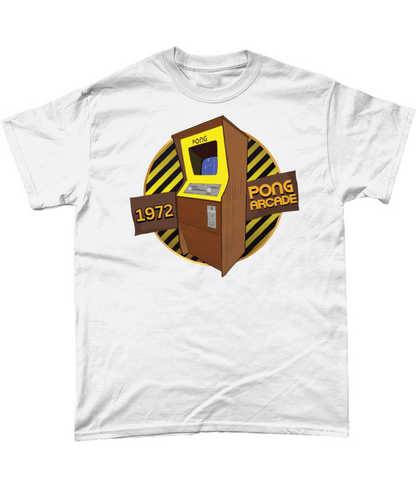 White T-Shirt with words,1972,pong arcade, image of a pong arcade machine in front of a yellow striped circle
